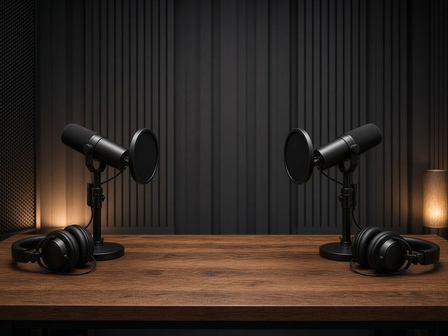 Two-mic interview desk with pop filters and closed headphones ready.