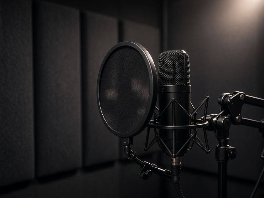 Single voice booth with large-diaphragm mic and dark fabric walls.