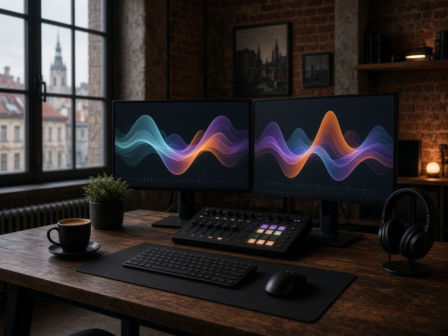 Edit desk with waveform monitors and a quiet control layout.
