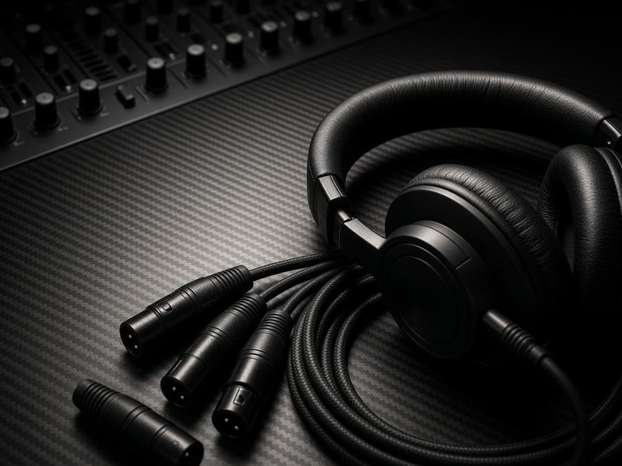 Closed-back headphones and coiled XLR runs.